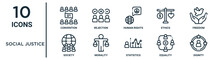 Social Justice Outline Icon Set Such As Thin Line Convention, Human Rights, Freedom, Morality, Equality, Dignity, Society Icons For Report, Presentation, Diagram, Web Design