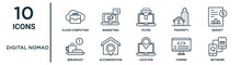 Digital Nomad Outline Icon Set Such As Thin Line Cloud Computing, Filter, Budget, Accomodation, Coding, Network, Breakfast Icons For Report, Presentation, Diagram, Web Design