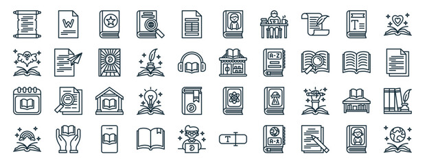 set of 40 outline web world book day icons such as words, book, book day, fantasy novel, biography icons for report, presentation, diagram, web design, mobile app