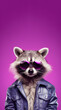 Cool looking racoon wearing funky fashion dress - leather jacket, sunglasses. Vertical banner with copy space above. Stylish animal posing as supermodel. Generative AI