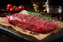 raw piece of meat sprinkled with salt and spices is prepared for baking
