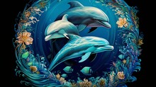 A Captivating Mandala-style Artwork Featuring A Group Of Dolphins Frolicking Beneath The Shimmering Surface Of The Sea