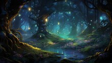 A Mystical Forest With Ancient, Gnarled Trees And Softly Glowing Fireflies In The Twilight