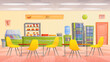 © Flash Vector - School canteen interior vector illustration. Cartoon dining room of university campus cafeteria with empty tables and chairs, cake dessert counter and vending machine with drinks, food menu on wall