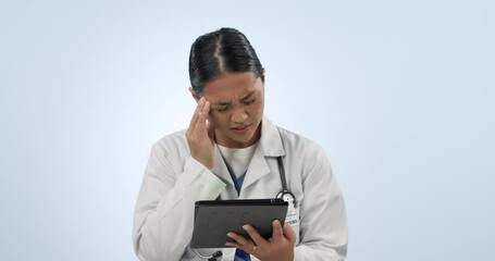 Canvas Print - Doctor, pain and tablet or woman with a headache from online communication or healthcare burnout. Sick, tired and a medical employee with a migraine and technology for an email on a studio background