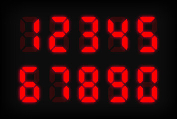 Red digital numbers on light background. Electronic figures. Light green Digital LED numbers. Vector typography