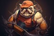Detailed cartoonish illustration of an angry bulldog lumberjack with a chainsaw. Generative AI
