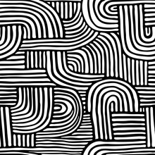 Abstract Vector Black And White Seamless Hand Drawn Texture With Striped Shapes. Boho Art Endless Background. Contemporary Art Poster, Wallpaper, Wall, Mural, Home Textile, Bedding, Package, Fabric. 