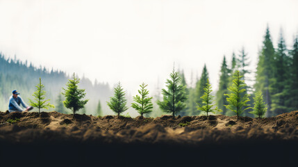 Wall Mural - Planting new trees. planting new trees in an open area of a mountain. conifer trees. Hand edited generative