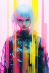 Wall Mural - Glitch portrait, asian youth modern clothes, vibrant colors, white hair contrasting beautifully