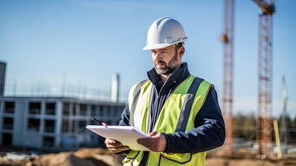 A professional worker wearing a hard hat and safety vest holds a blueprint, demonstrating safety