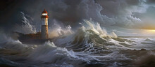 Lighthouse On A Stormy Night. AI Generated.