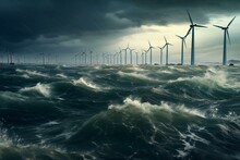 Stormy Offshore Wind Turbines. Generative AI