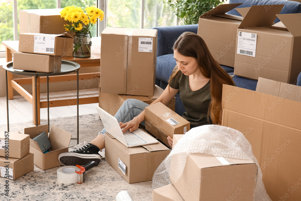 Young woman with parcel using laptop at home