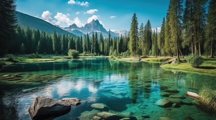 Canvas Print - lake and mountains generated ai Mountain lake in south Germany with forest and reflection from above