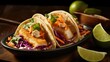 Bursting with fresh, vibrant flavors, this fish taco showcases perfectly grilled, flaky white fish, encased in a light and crispy beer batter. The fish is nestled on a bed of crunchy, tangy