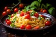 © Justlight - A visually captivating image captures Margherita Pasta garnished with a of vibrant cherry tomatoes, thinly sliced garlic, and fresh basil. The ingredients add a burst of color to the dish,