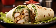 Transport your taste buds to culinary bliss with a visually striking image of a Chicken Caesar Wrap, showcasing an enticing combination of juicy grilled chicken, crunchy lettuce, grated