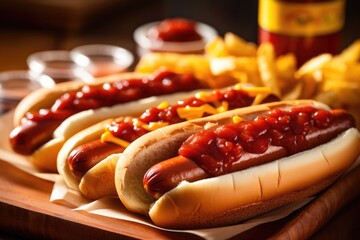 Wall Mural - Savor the smoky aroma of a barbecue feast starring Nathans Famous hot dogs, nestled in fluffy Martins potato rolls and topped with Heinz relish, Hunts ketchup, and Frenchs mustard for a