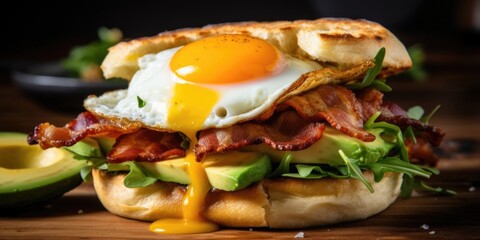 A droolworthy image of a mouthwatering breakfast sandwich, featuring a perfectly fried egg, crispy bacon, melted cheese, and fresh avocado all sandwiched between two toasted English muffins.