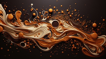 An overhead shot capturing the intricate patterns formed by the interaction of milk droplets with dark, roasted coffee, the two elements merging to create a captivating dance of colors.