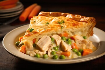 Wall Mural - Zoomedin shot highlighting the rich flavors of a rustic chicken pot pie, with a flaky golden crust encasing a creamy filling of tender chicken, carrots, peas, and potatoes, all bathed in