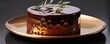 A masterfully created milk chocolatehazelnut mousse cake, adorned with a shimmering mirror glaze and crowned with elegantly molded chocolate leaves, offering a harmonious blend of creamy