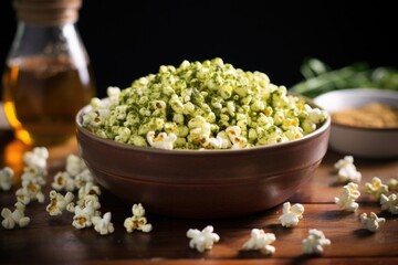 This vibrant photograph showcases popcorn generously coated with a rich blend of matcha green tea powder and delicately sweetened with a hint of honey, presenting a unique fusion of earthy,