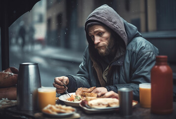 Wall Mural - Homeless man sitting on the street and eating