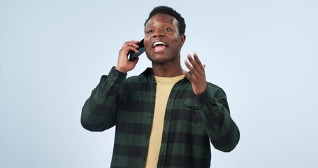 Poster - Phone call, black man and communication in studio with happiness for talking, consultation or feedback with technology. Conversation, person or smartphone on mockup for sales or marketing discussion