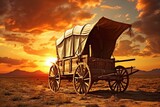 Fototapeta  - Deserted covered wagon at sunset, old prairie schooner against a beautiful sunset background. Generative AI
