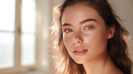 Closed up of beautiful young model face with nude make up on skin.