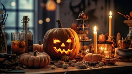 Canvas Print - Halloween pumpkin with lantern on wooden