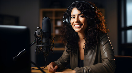 Poster - woman with microphone in studio, Generative AI