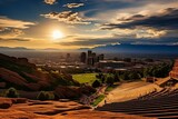 A wide view of Denver, Colorado skyline captured from Red Rocks Amphitheatre. Generative AI