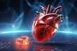 3D rendered image of a cardiac pacemaker alongside a red heart. Generative AI
