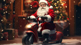 Fototapeta  - christmas, holidays and people concept - man in costume of santa claus driving scooter over christmas tree background generativa IA
