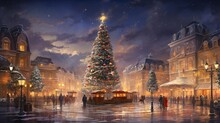 City With Christmas Decoration Night View Generated By AI Tool  