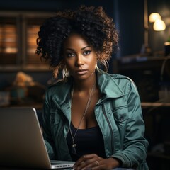 Wall Mural - A young woman working on a laptop at home. She has a very determined look. Generative AI. 