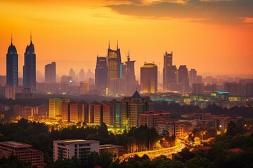  A scenic view of a city skyline at dusk, showcasing the Zifeng Building in Nanjing, Jiangsu, China. Generative AI