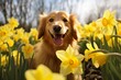 Cheerful dog amidst Easter daffodils. Spring setting. Generative AI