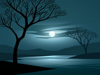 Wall Mural - moonrise over the river. vector nature landscape
