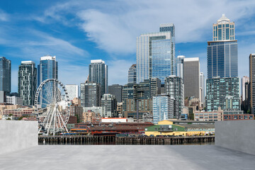 Wall Mural - Skyscrapers Cityscape Downtown, Seattle Skyline Buildings. Beautiful Real Estate. Day time. Empty rooftop View. Success concept.