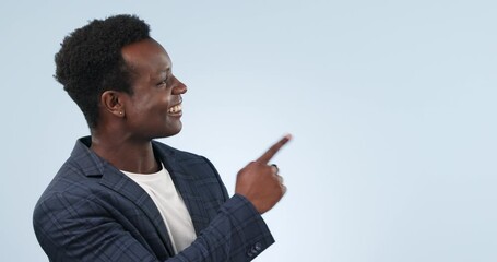 Canvas Print - Happy black man, business and pointing in advertising or marketing against a studio background. Portrait of African businessman smile and showing notification, deal or information on mockup space