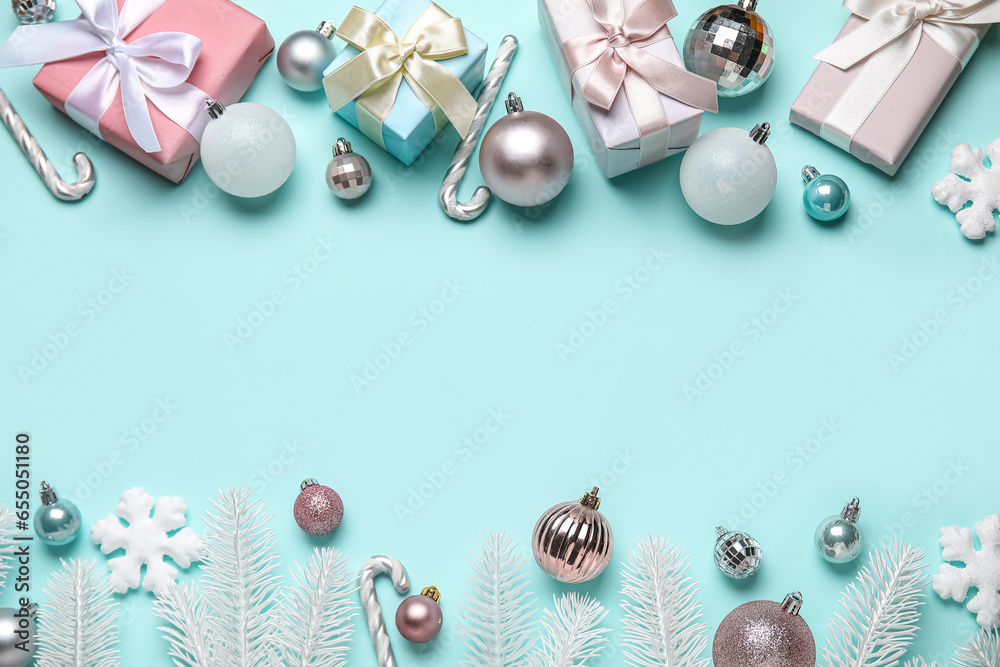 Composition with beautiful Christmas decorations, gift boxes and fir branches on color background