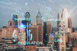 Aerial panoramic cityscape of Philadelphia financial downtown, Pennsylvania, USA. City Hall Clock Tower, sunrise. Hologram of legal icons. The concept of law, order, regulations and digital justice.