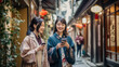 young girl friends travelers walking in old street path surrounding by japanese local traditional shop store generative ai