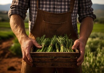 Young farmer with freshly picked Asparagus in basket. Hand holding wooden box with vegetables in field. Fresh Organic Vegetables from local producers. AI geneeative.