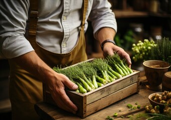 Young farmer with freshly picked Asparagus in basket. Hand holding wooden box with vegetables in field. Fresh Organic Vegetables from local producers. AI geneeative.