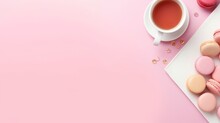 Styled stock photography pink office desk table with blank notebook, keyboard, macaroon, supplies and coffee cup. Top view with copy space. Flat lay